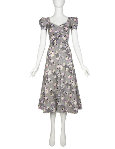 BIBA Vintage 1970s Black White Pastel Floral Cotton Dress