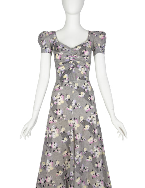 BIBA Vintage 1970s Black White Pastel Floral Cotton Dress