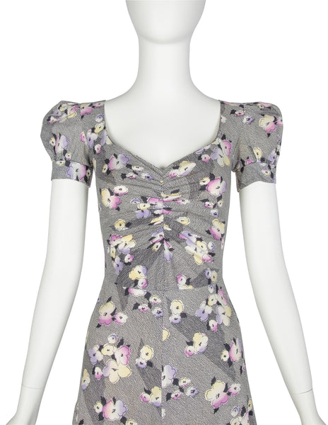 BIBA Vintage 1970s Black White Pastel Floral Cotton Dress