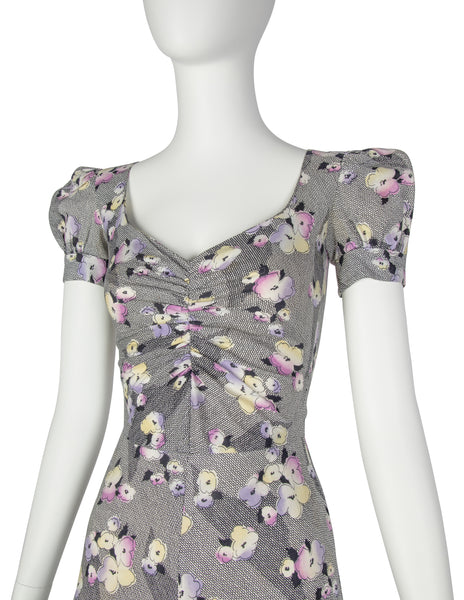 BIBA Vintage 1970s Black White Pastel Floral Cotton Dress