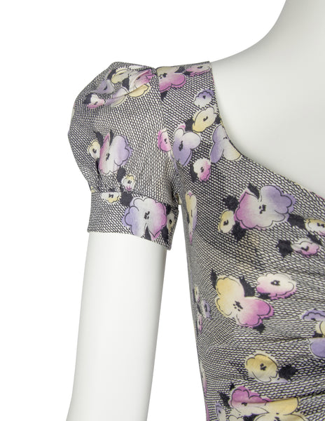 BIBA Vintage 1970s Black White Pastel Floral Cotton Dress