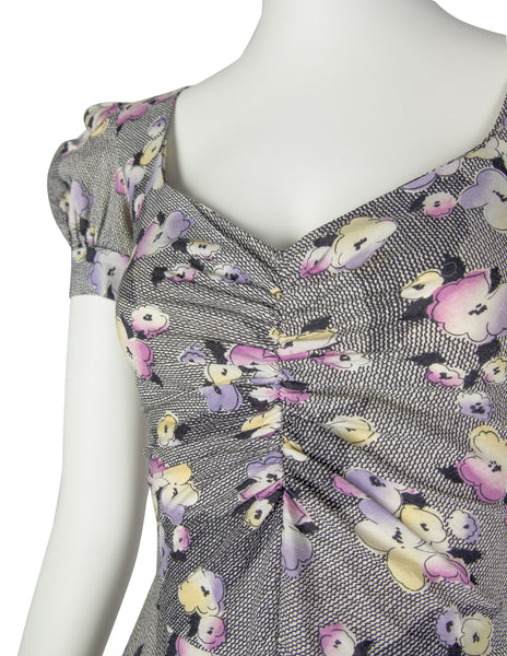 BIBA Vintage 1970s Black White Pastel Floral Cotton Dress