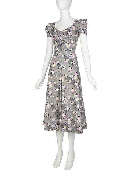 BIBA Vintage 1970s Black White Pastel Floral Cotton Dress