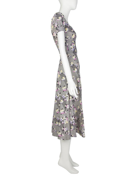 BIBA Vintage 1970s Black White Pastel Floral Cotton Dress
