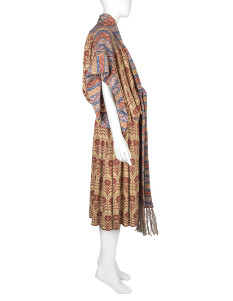 Bill Gibb Vintage SS 1978 Multicolor Floral Intarsia Knit Drop Waist Duster