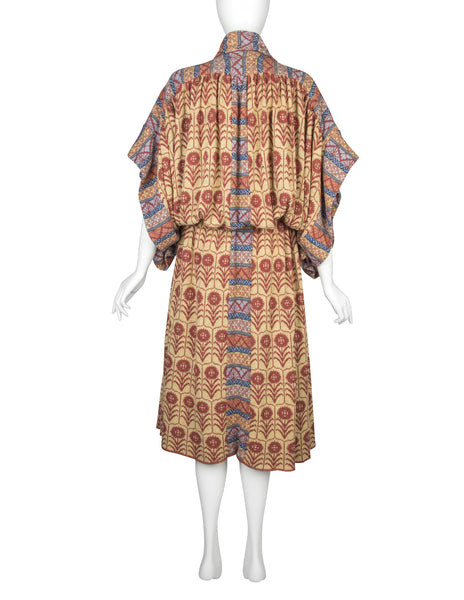 Bill Gibb Vintage SS 1978 Multicolor Floral Intarsia Knit Drop Waist Duster