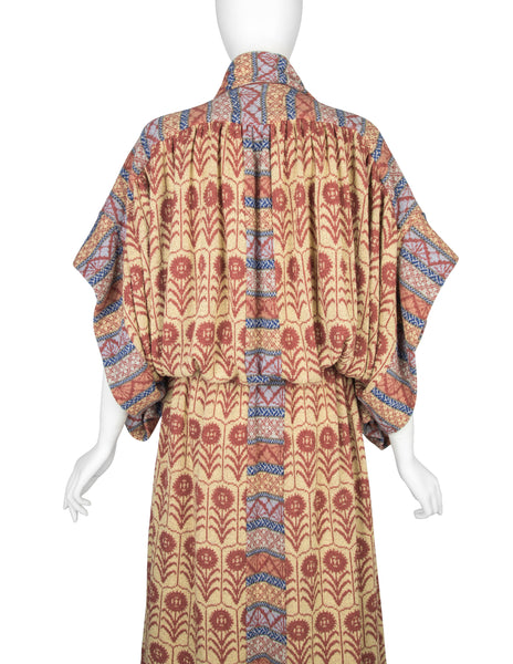Bill Gibb Vintage SS 1978 Multicolor Floral Intarsia Knit Drop Waist Duster