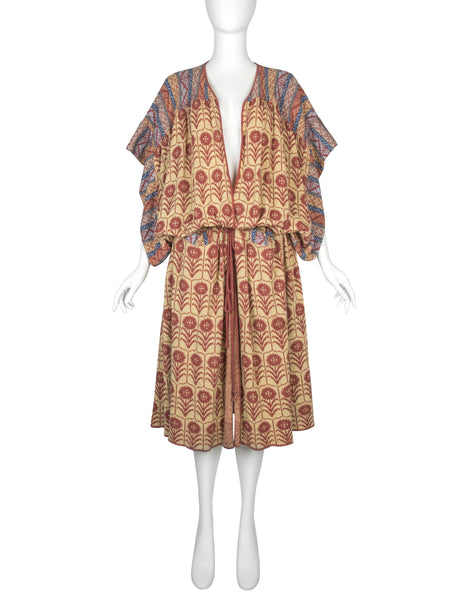 Bill Gibb Vintage SS 1978 Multicolor Floral Intarsia Knit Drop Waist Duster