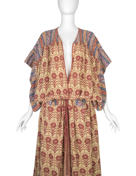 Bill Gibb Vintage SS 1978 Multicolor Floral Intarsia Knit Drop Waist Duster