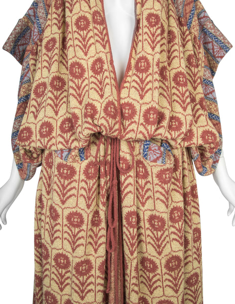Bill Gibb Vintage SS 1978 Multicolor Floral Intarsia Knit Drop Waist Duster