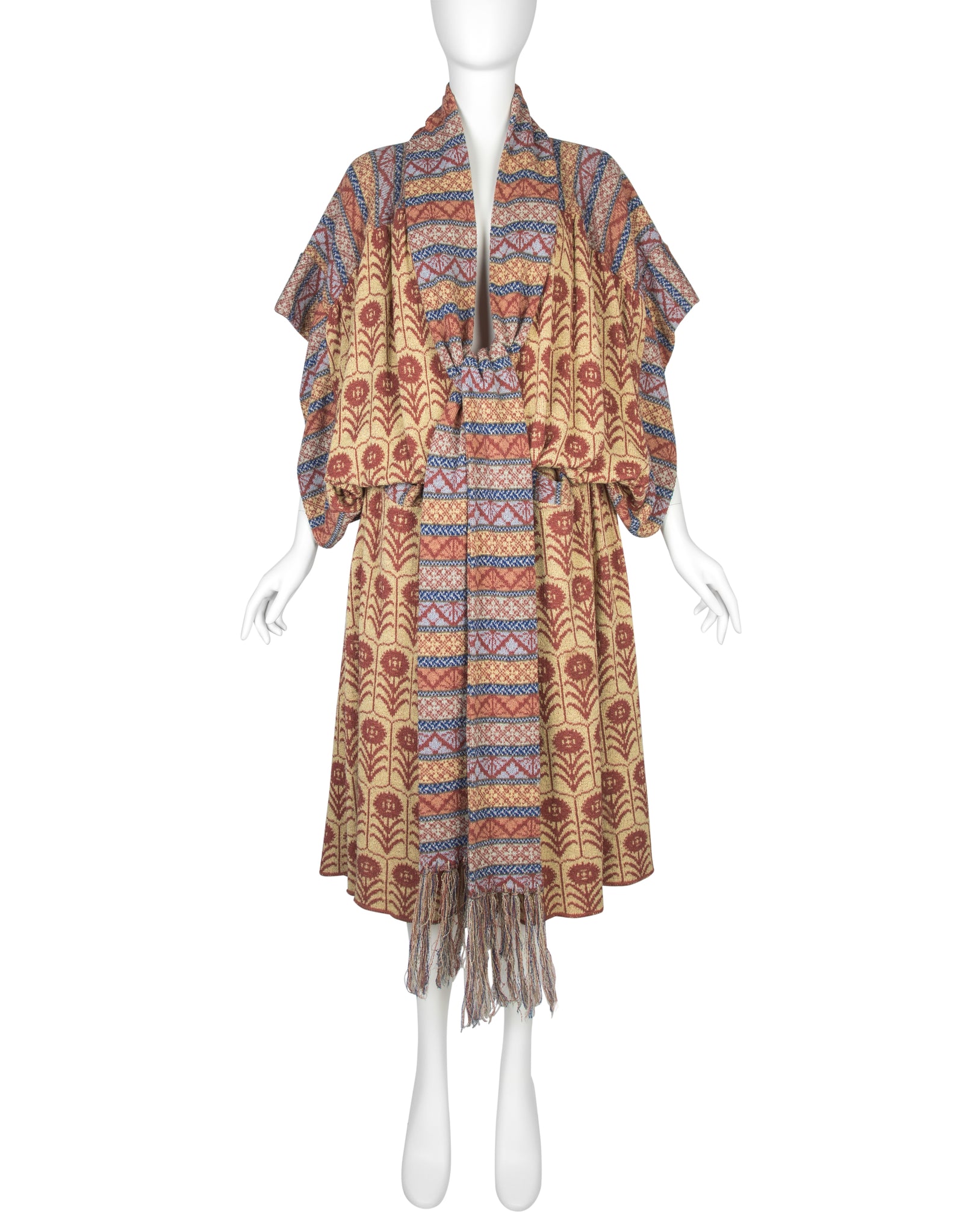 Bill Gibb Vintage SS 1978 Multicolor Floral Intarsia Knit Drop Waist Duster