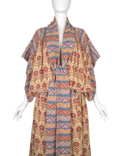 Bill Gibb Vintage SS 1978 Multicolor Floral Intarsia Knit Drop Waist Duster