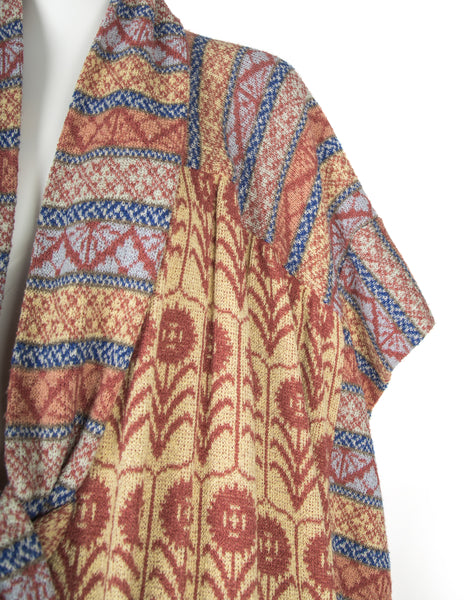 Bill Gibb Vintage SS 1978 Multicolor Floral Intarsia Knit Drop Waist Duster