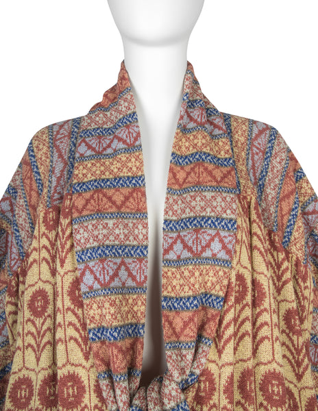 Bill Gibb Vintage SS 1978 Multicolor Floral Intarsia Knit Drop Waist Duster
