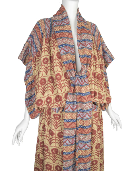 Bill Gibb Vintage SS 1978 Multicolor Floral Intarsia Knit Drop Waist Duster