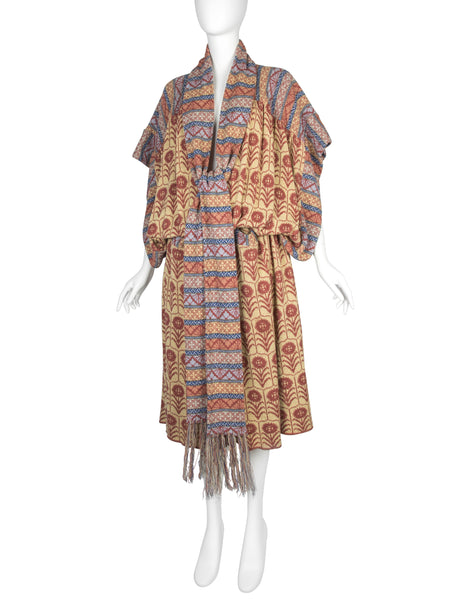 Bill Gibb Vintage SS 1978 Multicolor Floral Intarsia Knit Drop Waist Duster