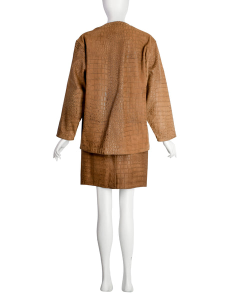 Bottega Veneta Vintage 1990s Brown Croc Embossed Leather Oversized Leather Jacket and Skirt Set