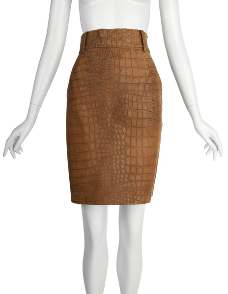 Bottega Veneta Vintage 1990s Brown Croc Embossed Leather Oversized Leather Jacket and Skirt Set