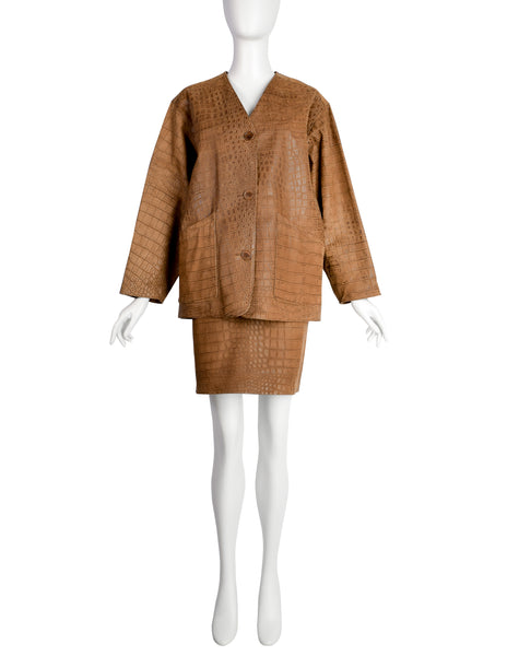 Bottega Veneta Vintage 1990s Brown Croc Embossed Leather Oversized Leather Jacket and Skirt Set