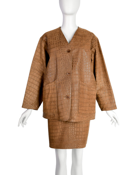 Bottega Veneta Vintage 1990s Brown Croc Embossed Leather Oversized Leather Jacket and Skirt Set