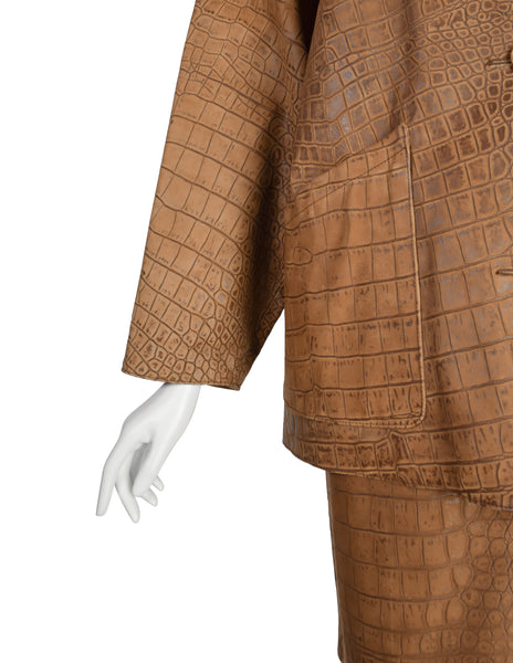 Bottega Veneta Vintage 1990s Brown Croc Embossed Leather Oversized Leather Jacket and Skirt Set