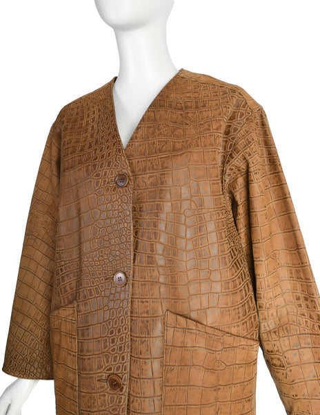 Bottega Veneta Vintage 1990s Brown Croc Embossed Leather Oversized Leather Jacket and Skirt Set