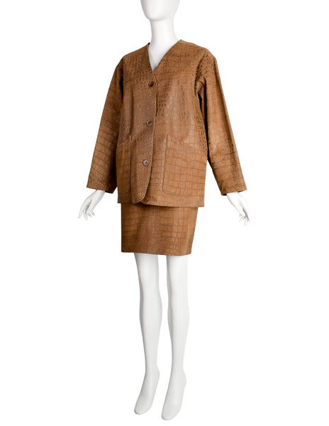 Bottega Veneta Vintage 1990s Brown Croc Embossed Leather Oversized Leather Jacket and Skirt Set