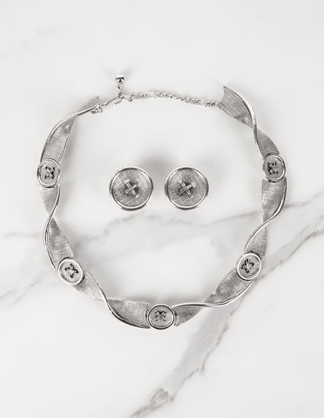 Marcel Boucher Vintage 1960s Silver Tone Button Motif Necklace and Earring Set