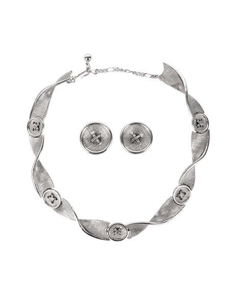 Marcel Boucher Vintage 1960s Silver Tone Button Motif Necklace and Earring Set