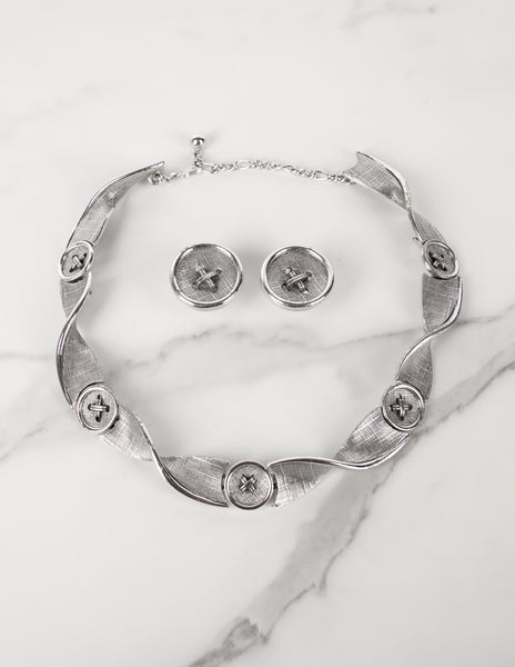Marcel Boucher Vintage 1960s Silver Tone Button Motif Necklace and Earring Set