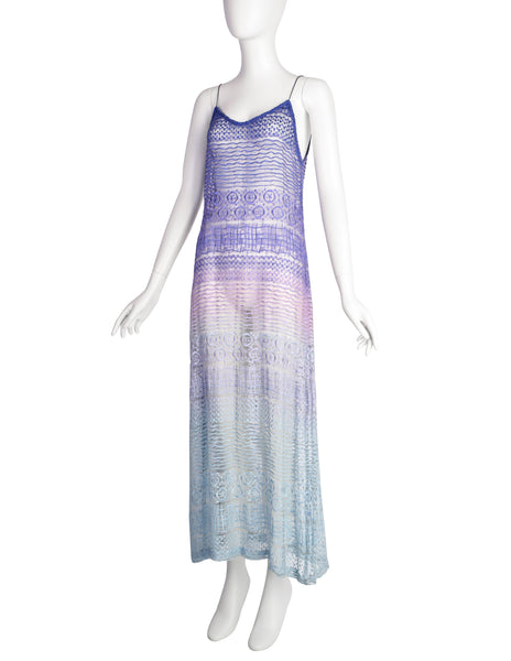 Berit Steffin Vintage 1990s Stunning Pastel Purple Blue Ombre Embroidered Net Maxi Dress