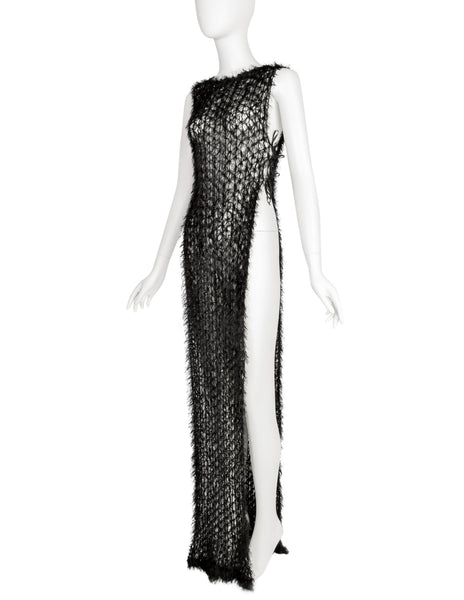 Berit Steffin Vintage 1990s Black Intricate Web Knit Fringe Open Side Vest Dress