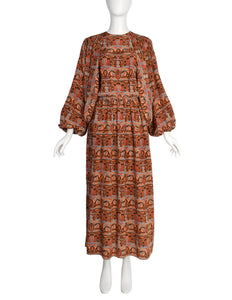 Bill Blass Vintage 1970s Brown Multicolor Paisley Print Silk Balloon Sleeve Dress with Vest