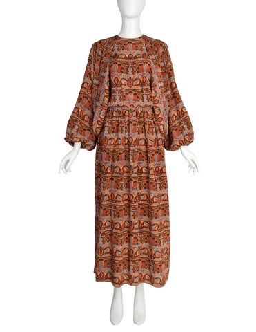 Bill Blass Vintage 1970s Brown Multicolor Paisley Print Silk Balloon Sleeve Dress with Vest