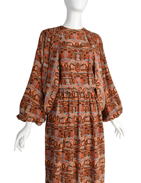 Bill Blass Vintage 1970s Brown Multicolor Paisley Print Silk Balloon Sleeve Dress with Vest