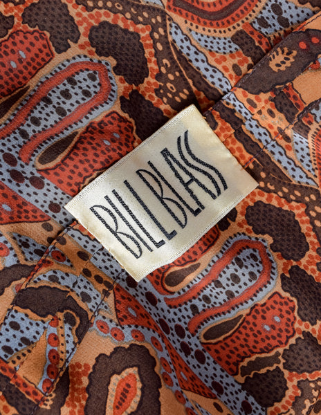 Bill Blass Vintage 1970s Brown Multicolor Paisley Print Silk Balloon Sleeve Dress with Vest