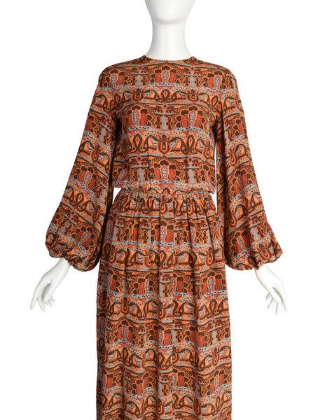 Bill Blass Vintage 1970s Brown Multicolor Paisley Print Silk Balloon Sleeve Dress with Vest