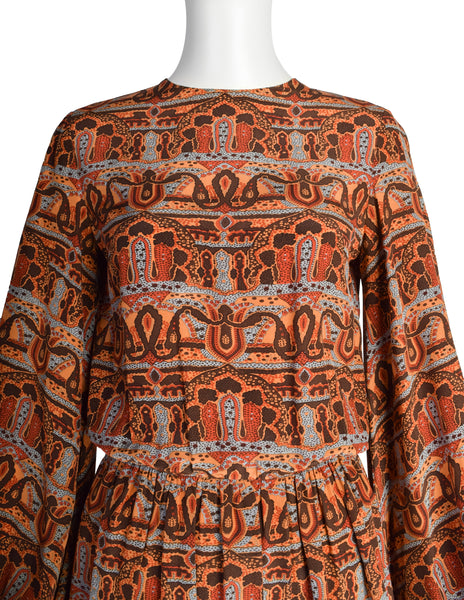 Bill Blass Vintage 1970s Brown Multicolor Paisley Print Silk Balloon Sleeve Dress with Vest