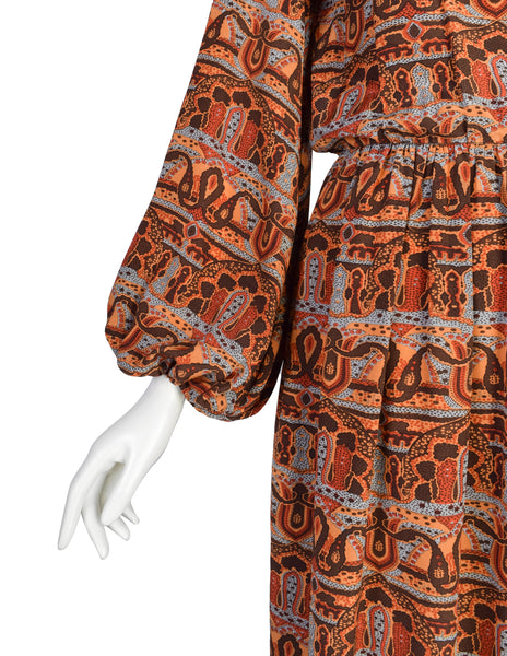 Bill Blass Vintage 1970s Brown Multicolor Paisley Print Silk Balloon Sleeve Dress with Vest