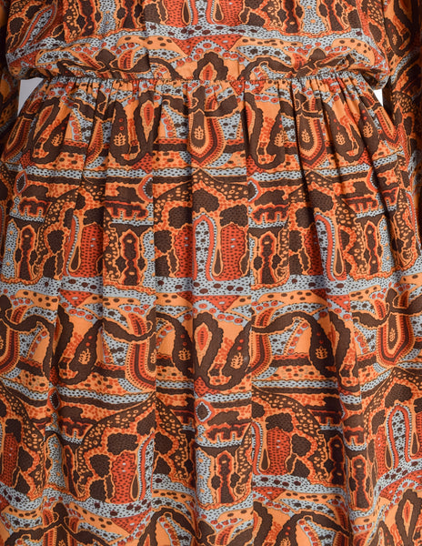 Bill Blass Vintage 1970s Brown Multicolor Paisley Print Silk Balloon Sleeve Dress with Vest