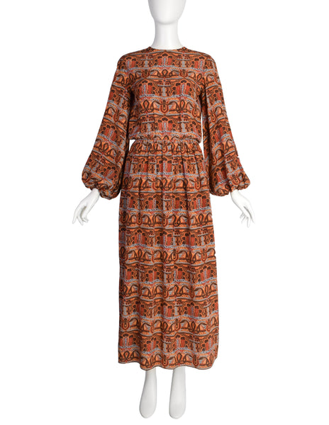 Bill Blass Vintage 1970s Brown Multicolor Paisley Print Silk Balloon Sleeve Dress with Vest