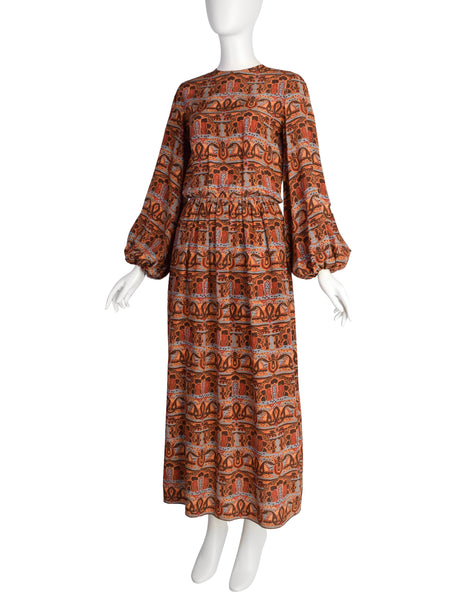 Bill Blass Vintage 1970s Brown Multicolor Paisley Print Silk Balloon Sleeve Dress with Vest