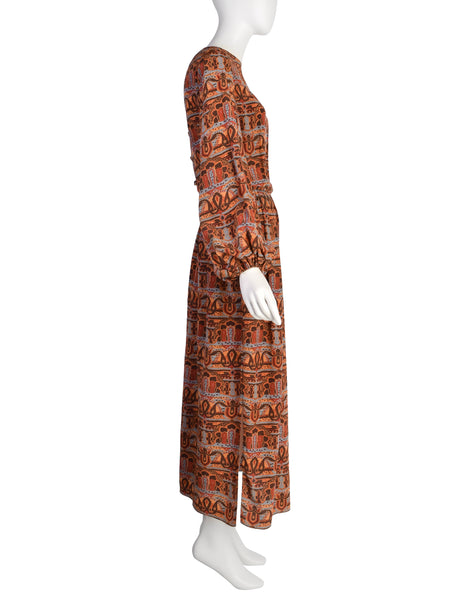 Bill Blass Vintage 1970s Brown Multicolor Paisley Print Silk Balloon Sleeve Dress with Vest