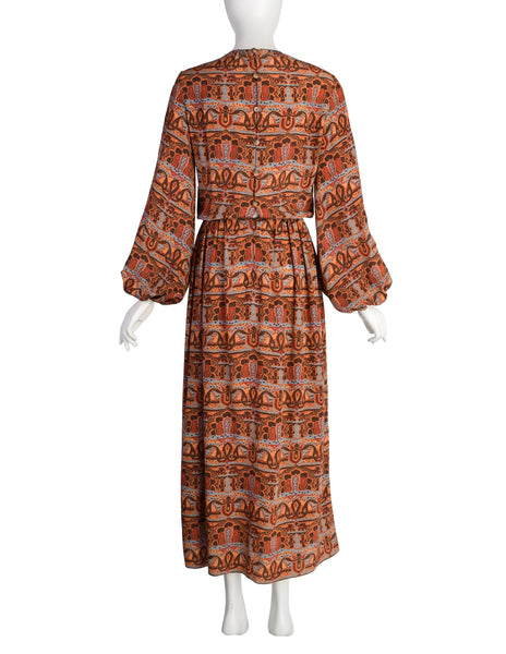 Bill Blass Vintage 1970s Brown Multicolor Paisley Print Silk Balloon Sleeve Dress with Vest