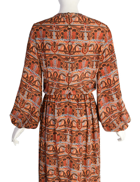 Bill Blass Vintage 1970s Brown Multicolor Paisley Print Silk Balloon Sleeve Dress with Vest