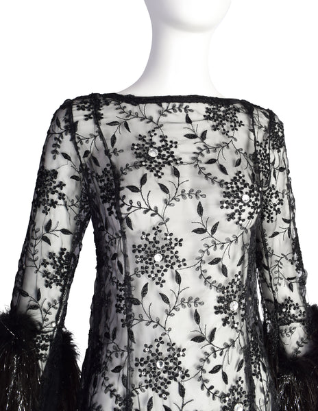 Vintage 1980s Outstanding Black Sheer Floral Embroidered Rhinestone Embellished Ostrich Feather Gown