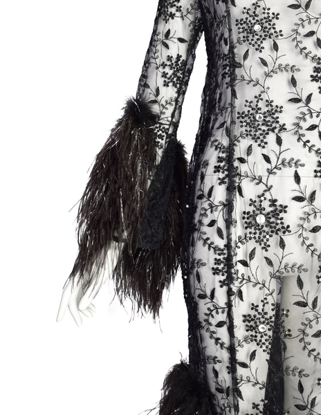 Vintage 1980s Outstanding Black Sheer Floral Embroidered Rhinestone Embellished Ostrich Feather Gown