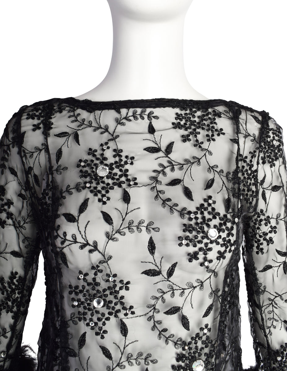Vintage 1980s Outstanding Black Sheer Floral Embroidered Rhinestone Em ...