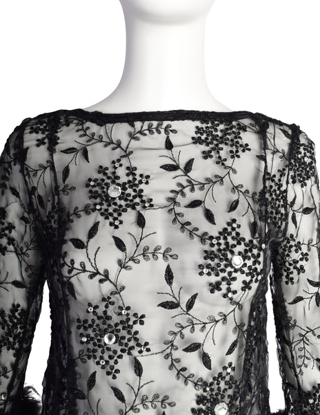 Vintage 1980s Outstanding Black Sheer Floral Embroidered Rhinestone Embellished Ostrich Feather Gown