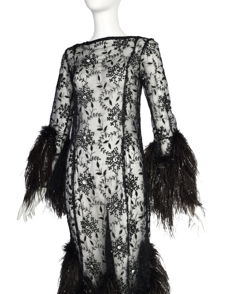 Vintage 1980s Outstanding Black Sheer Floral Embroidered Rhinestone Embellished Ostrich Feather Gown